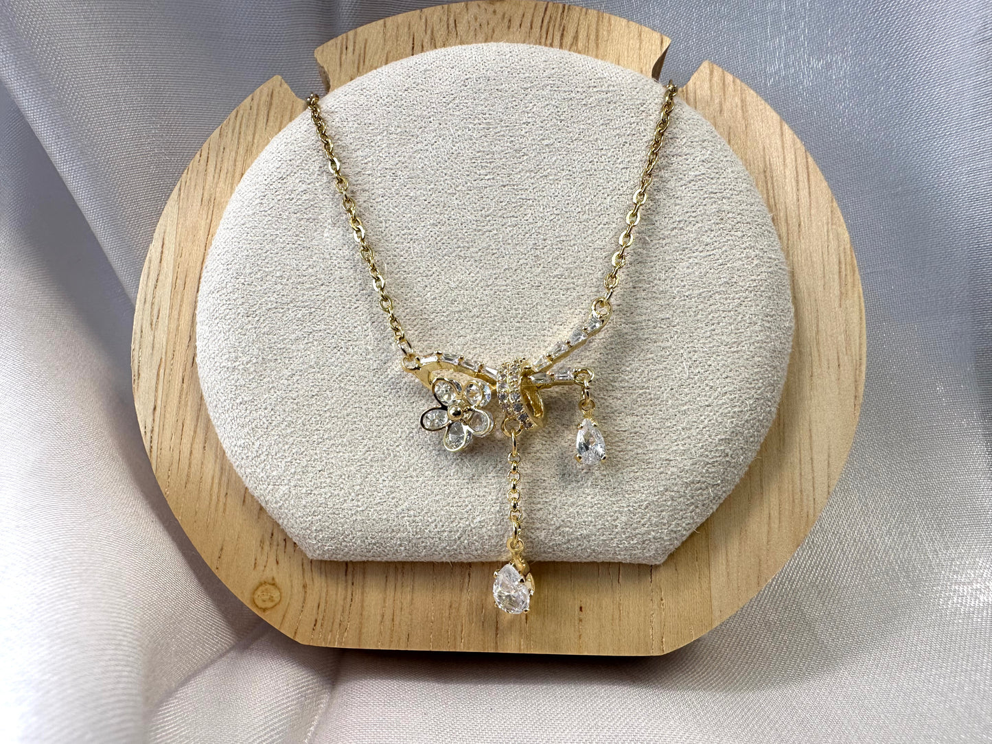 Crystal Ribbon with Flower Accent Necklace - Gold